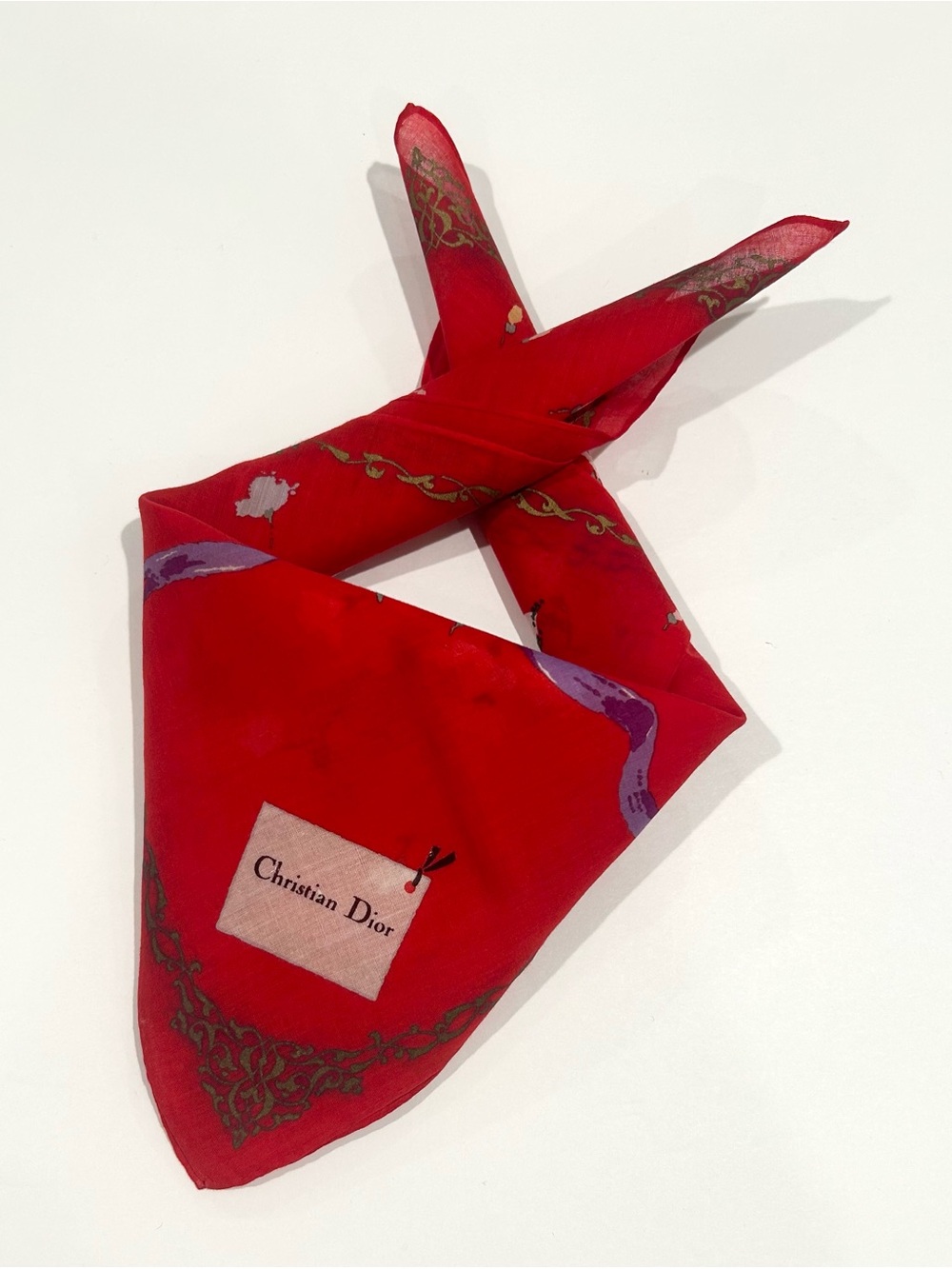 Women Handkerchief Christian Dior Red Ribbon Floral Cotton Pocket Square 18”